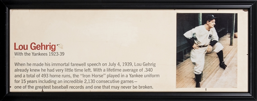 1950s -1970s Framed Lou Gehrig Tile Piece That Hung At Yankee Stadium 